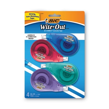 JUST LAUNCHED | BIC WOTAPP418 Wite-Out EZ Correct 0.17 in. x 400 in. Non-Refillable Correction Tape - Randomly Assorted Applicator Colors (4/Pack)