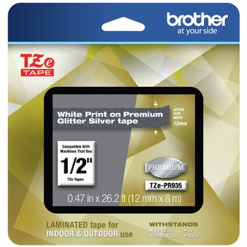 Brother TZEPR935 0.47 in. x 26.2 ft. TZe Premium Laminated Tape - White on Silver