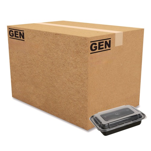 Food Trays, Containers, and Lids | GEN FCPP-BC-24RECT 7.48 in. x 5.03 in. x 2.48 in. 24 oz. Plastic Microwavable Food Container with Lid - Rectangular Black/Clear (150/Carton) image number 0