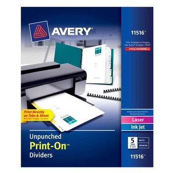 Avery 11516 Print-On 11 in. x 8.5 in. 5-Tab Customizable Unpunched Dividers - White (5/Pack)