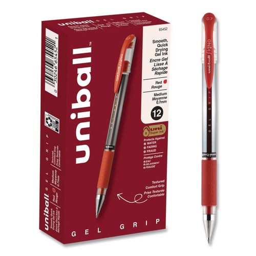 Pens | uni-ball 65452 Signo GRIP 0.7 mm Stick Gel Pen - Red Ink/Clear/Red/Silver Barrel/Medium (1-Dozen) image number 0