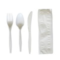 Cutlery | Boardwalk BWK4COMBOKITPP 4-Piece Mediumweight Polypropylene Plastic Fork/Knife/Napkin/Spoon Cutlery Kit - White (250/Carton) image number 1