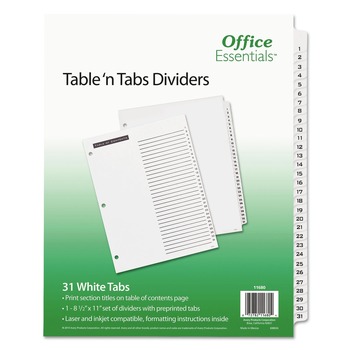 Office Essentials 11680 Table 'n Tabs 11 in. x 8.5 in. 31-Tab 1 to 31 Dividers - White/White Tabs (1-Set)