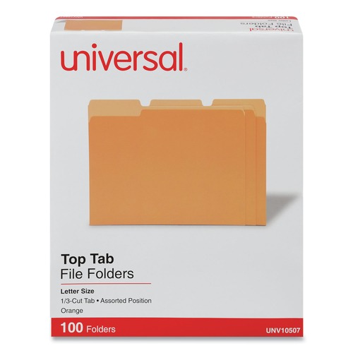 File Folders | Universal UNV10507 Deluxe Colored 1/3-Cut Top Tabs Letter Size File Folders - Orange/Light Orange (100/Box) image number 0