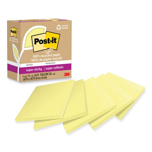 Sticky Notes & Post it | Post-it Notes Super Sticky 654R-5SSCY 3 in. x 3 in. 100 Percent Recycled Paper Super Sticky Notes - Canary Yellow (5-Pads/Pack) image number 0
