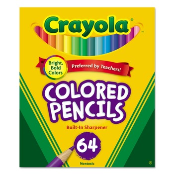 Crayola 683364 3.3 mm 2B Short Colored Pencils Hinged Top Box with Built-in Pencil Sharpener - Assorted Lead and Barrel Colors (64/Set)