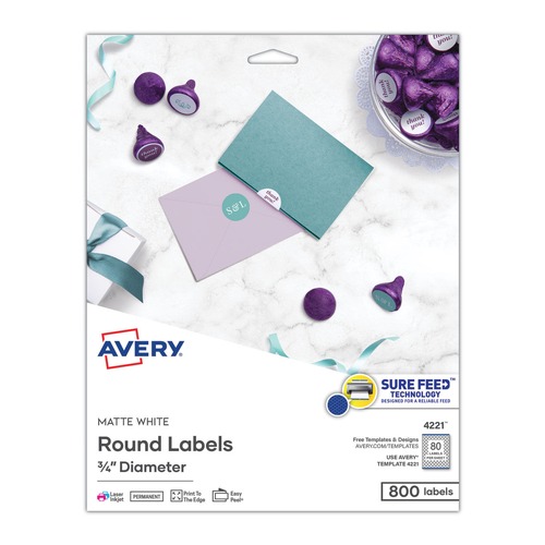 Labels | Avery 04221 0.75 in. Diameter Printable Self-Adhesive Permanent ID Labels with Sure Feed - White (800/Pack) image number 0