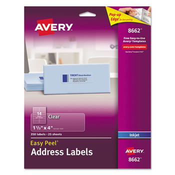 Avery 08662 1.33 in. x 4 in. Matte Clear Easy Peel Mailing Labels with Sure Feed Technology - Clear (350/Pack)
