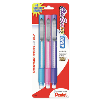 ERASERS AND CORRECTION SUPPLIES | Pentel ZE21TBP3M Clic Eraser Grip Eraser For Pencil Marks - White Eraser/Random Assorted Barrel Color (3/Pack)