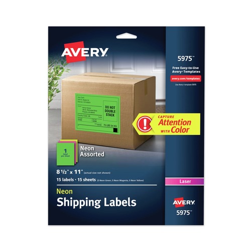 Labels | Avery 05975 8.5 in. x 11 in. High-Visibility Permanent Laser ID Labels - Assorted Neon (15/Pack) image number 0