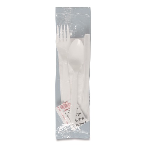 Cutlery | SOLO MOW8Y-0007 Medium Weight PP Kit Wrapped Fork/Knife/Teaspoon/Napkin with Salt and Pepper - White (250/Carton) image number 0