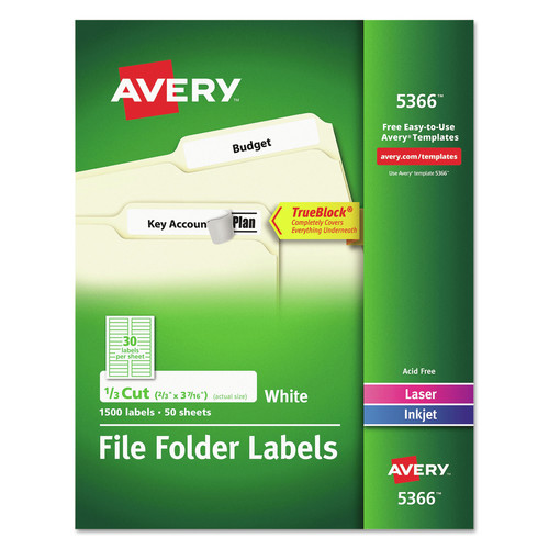 Labels | Avery 05366 0.66 in. x 3.44 in. Permanent TrueBlock File Folder Labels with Sure Feed Technology - White (30/Sheet, 50 Sheets/Box) image number 0