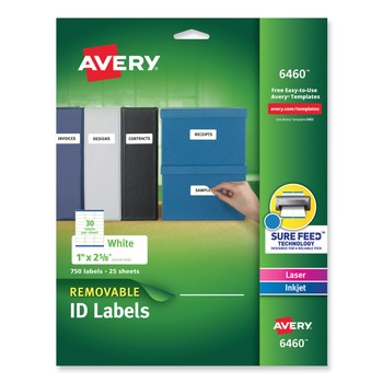 Avery 06460 1 in. x 2.63 in. Inkjet/Laser Printers Removable Multi-Use Labels - White (750/Pack)