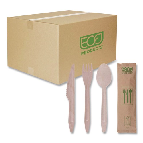 Cutlery | Eco-Products EP-S215 General Purpose Fork/Knife/Napkin/Spoon Wood Cutlery - Natural (500/Carton) image number 0