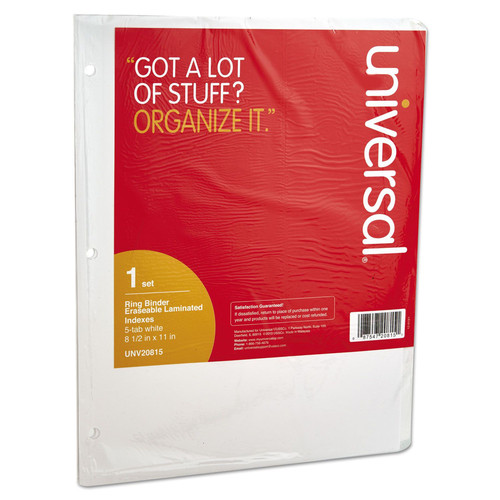 Dividers & Tabs | Universal UNV20815 11 in. x 8.5 in. 5-Tab Deluxe Write-On/Erasable Tab Index - White (1 Set) image number 0