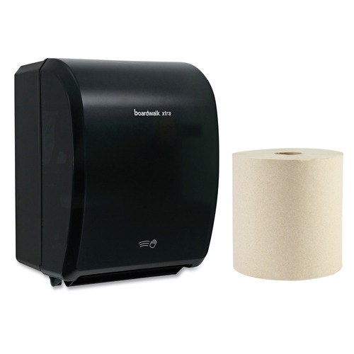 Paper Towel Holders | Boardwalk 33GREEN32GREEN-BNDL 12.31 in. x 9.31 in. x 15.94 in. Xtra Electronic Hand Towel Dispenser with 1-Ply 8 in. x 800 ft. Green Xtra Roll Towels Bundle (6 Rolls/Carton) image number 0