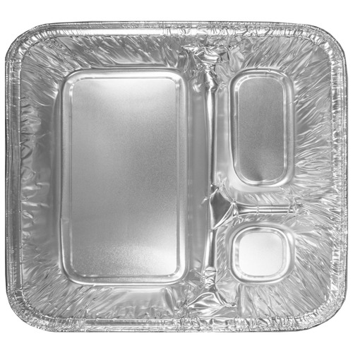 Food Trays, Containers, and Lids | Handi-Foil 2045-00-500 6.38 in. x 1.47 in. x 8 in. 24 oz. 3-Compartment Oblong Aluminum Food Container - Silver (500/Carton) image number 0