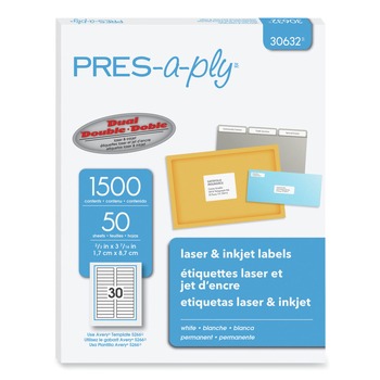 PRODUCTS | PRES-a-ply 30632 0.66 in. x 3.44 in. Labels - White (30/Sheet, 50 Sheets/Box)