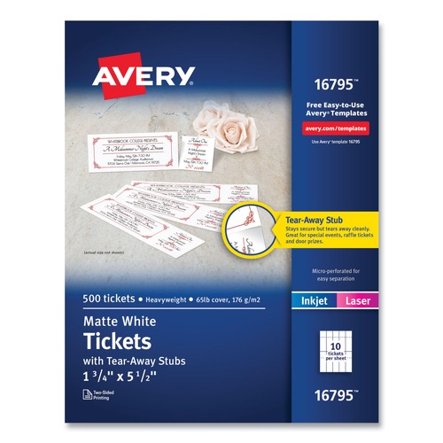 Labels | Avery 16795 65 lbs. Cover Weight 8.5 in. x 11 in. 97 Bright Printable Tickets with Tear-Away Stubs - White (10 Tickets/Sheet, 50 Sheets/Pack) image number 0