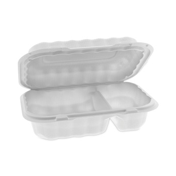 FOOD TRAYS CONTAINERS LIDS | Pactiv Corp. YCN809620000 9 in. x 6 in. x 3 in. 2-Compartment EarthChoice SmartLock Microwavable MFPP Plastic Hinged Lid Container - White (270/Carton)