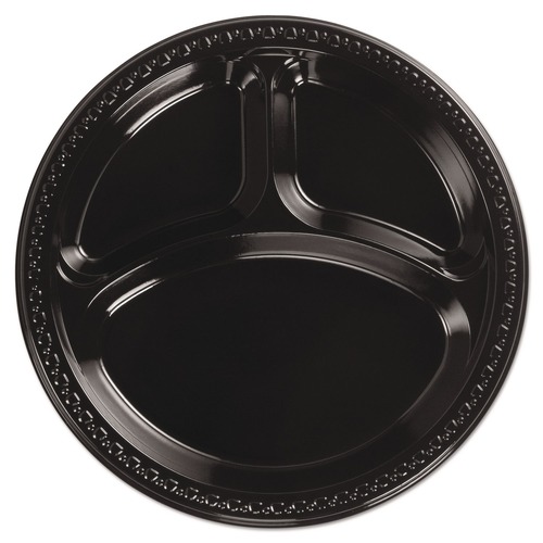  | Chinet 81430 10.25 in. Diameter Heavyweight Plastic 3-Compartment Plates - Black (500/Carton) image number 0