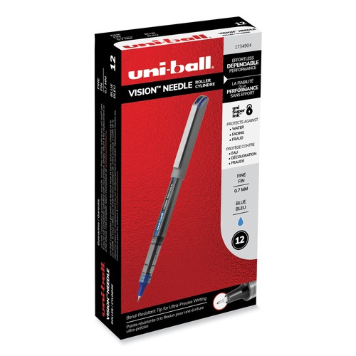 Pens | uni-ball 1734904 VISION Fine 0.7 mm Stick Needle Roller Ball Pen - Blue Ink Gray/Clear/Blue Barrel (1-Dozen) image number 0