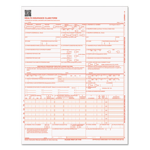 Retail Store Supplies | TOPS 50126RV CMS-1500 One-Part (No Copies) 8.5 in. x 11 in. Medicare/Medicaid Forms for Laser Printers (500/Pack) image number 0