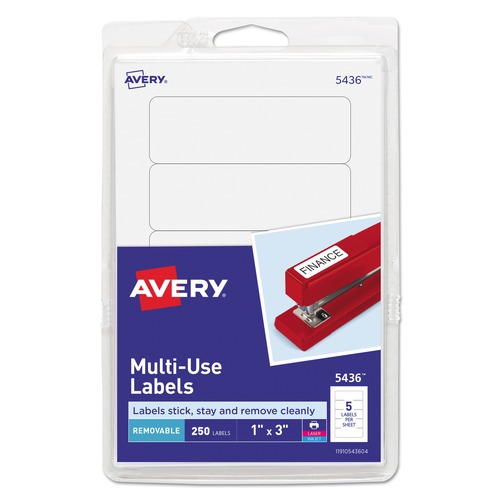 Labels | Avery 05436 1 in. x 3 in. Removable Multi-Use Labels for Inkjet/Laser Printers - White (5/Sheet, 50 Sheets/Pack) image number 0