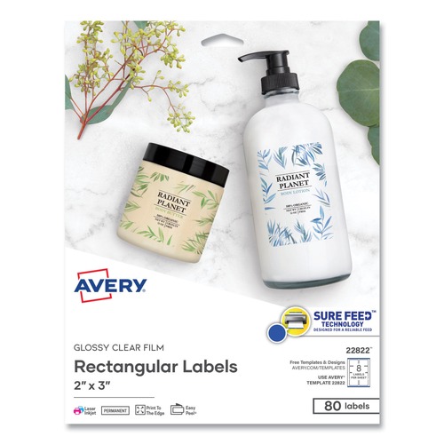 Labels | Avery 22822 2 in. x 3 in. Print-to-the-Edge Labels with Sure Feed and Easy Peel - Glossy Clear (80/Pack) image number 0