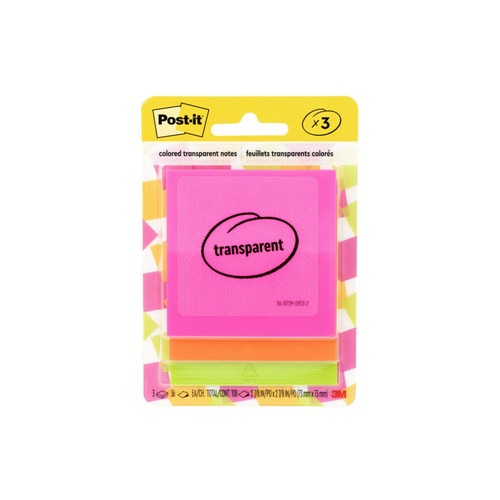 Sticky Notes & Post it | Post-it 600-3COL 2.88 in. x 2.88 in. Unruled Transparent Notes - Assorted Transparent Colors (3-Pads/Pack) image number 0