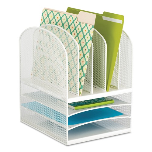 Desktop Organizers | Safco 3266WH 11.5 in. x 9.5 in. x 13 in. Letter Size Files Onyx Mesh Desk Organizer with Five Vertical and Three Horizontal Sections - White image number 0