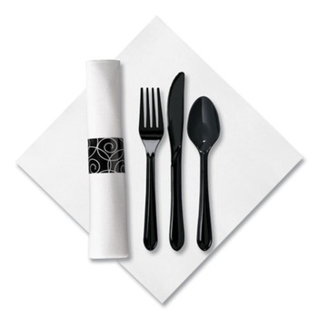 Hoffmaster 119971 Pre-Rolled 8 in. x 8.5 in. Linen-Like CaterWrap Napkins with Black Cutlery (100/Carton)
