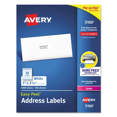 Labels | Avery 05160 1 in. x 2.63 in. Laser Printers Easy Peel White Address Labels with Sure Feed Technology (30/Sheet, 100 Sheets/Box) image number 0