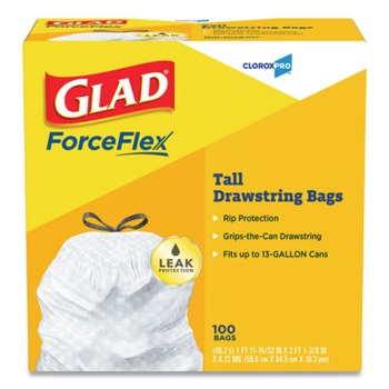 TRASH BAGS | Glad 78526 13 Gallon 0.72 mil 24 in. x 27.38 in. Tall Kitchen Drawstring Trash Bags - Gray (100/Box)