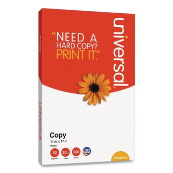 Universal UNV28110RM 11 in. x 17 in. 92 Bright 20 lbs. Bond Weight Copy Paper - White (500/Ream)