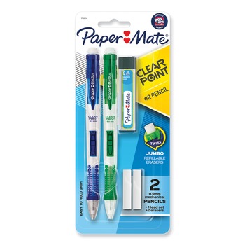 PENCILS | Paper Mate 1759214 0.9 mm HB (#2) Clear Point Mechanical Pencils with Tube of Lead/Erasers - Black Lead, Assorted Barrel Colors (2/Set)