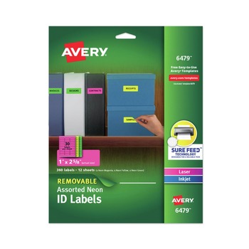 Avery 06479 1 in. x 2.63 in. High-Vis Removable Laser/Inkjet ID Labels with Sure Feed - Assorted Neon (360/Pack)