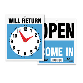 Headline Sign 9382 7.5 in. x 9 in. Plastic Double-Sided Open/Will Return Sign with Clock Hands