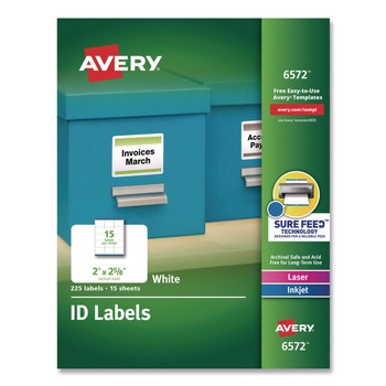 Avery 06572 2 in. x 2.63 in. Permanent ID Labels with Sure Feed Technology - White (15/Sheet, 15 Sheets/Pack)