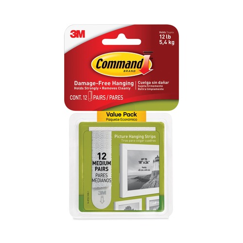 Hook & Loop Fasteners | Command 17204-12ES 0.75 in. x 2.75 in. Holds Up to 12 lbs. Value Pack Removable Picture Hanging Strips - Medium White (12-Pairs/Pack) image number 0
