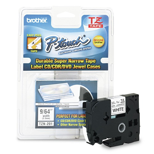 Labels | Brother P-Touch TZEN201 0.13 in. x 26.2 ft. TZ Super-Narrow Non-Laminated Tape for P-Touch Labeler - Black on White image number 0