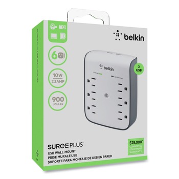 PRODUCTS | Belkin BSV602TT 900 J 6 AC Outlets 2 USB Ports SurgePlus USB Wall Mount Charger - White/Black