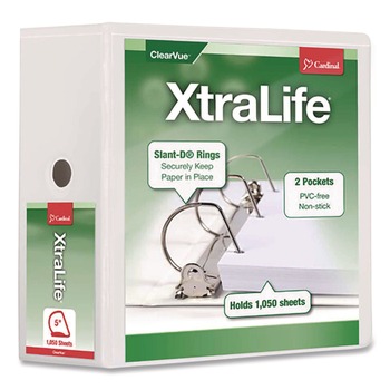 Cardinal 26350 11 in. x 8.5 in. 5 in. Capacity 3 Rings XtraLife ClearVue Non-Stick Slant-D Ring Binder - White