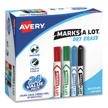 Avery 29870 Assorted Broad Bullet/Chisel Tips Desk/Pen-Style MARKS A LOT Dry Erase Marker Value Pack - Assorted Colors (24/Pack)