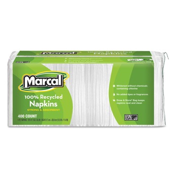  | Marcal 6506 1-Ply 11.4 in. x 12.5 in. 100% Recycled Lunch Napkins - White (400/Pack)
