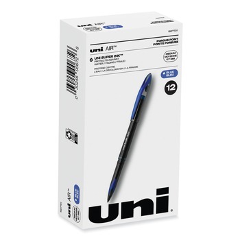 uni-ball 1927701 AIR Medium 0.7 mm Stick Porous Roller Ball Pen - Blue Ink Black/Blue Barrel (1-Dozen)