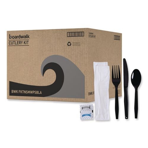 Cutlery | Boardwalk BWKFKTNSMWPSBLA Mediumweight Fork/Knife/Napkin/Pepper/Salt/Spoon 6-Piece Plastic Cutlery Kit - Black (250/Carton) image number 0