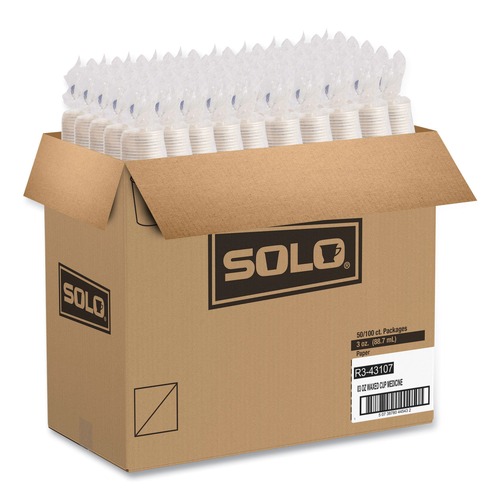 Labor Day Sale | SOLO R3-43107 3 oz. Paper ProPlanet Seal Medical and Dental Graduated Cups - White/Blue (5000/Carton) image number 0