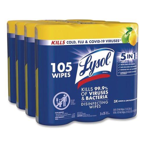 Hand Wipes | LYSOL Brand 19200-82159 7 in. x 7.25 in. 1-Ply Disinfecting Wipes - Lemon and Lime Blossom White (4/Carton) image number 0