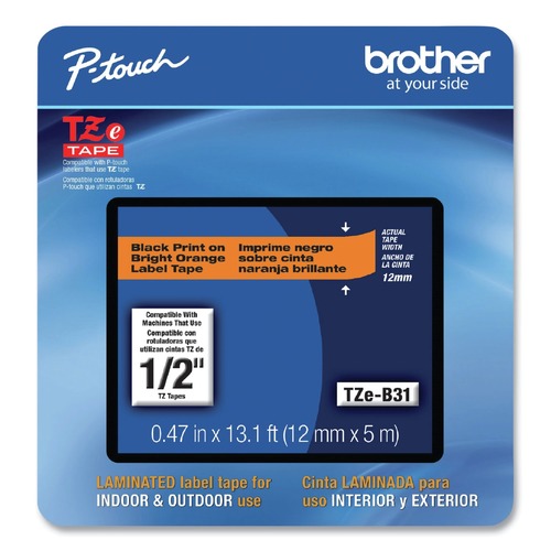 Tapes | Brother P-Touch TZEB31CS TZe 0.47 in. x 26.2 ft. Laminated Removable Label Tapes - Black on Orange image number 0